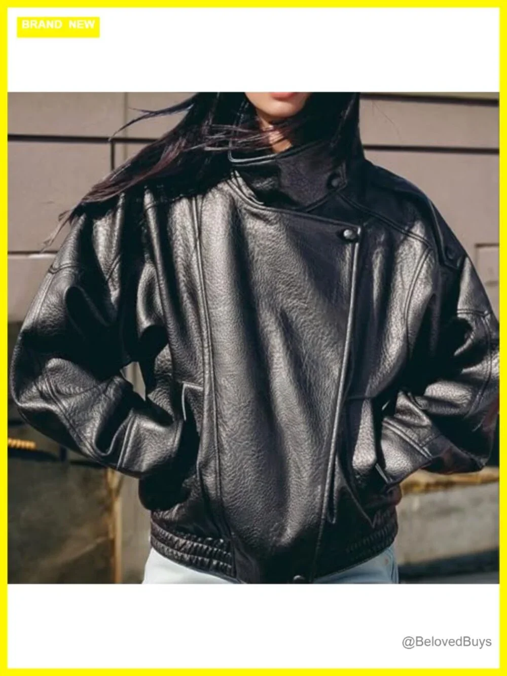 Oversized Faux Leather Motorcycle Jacket Long Sleeve Zip Up - Picture 2 of 7